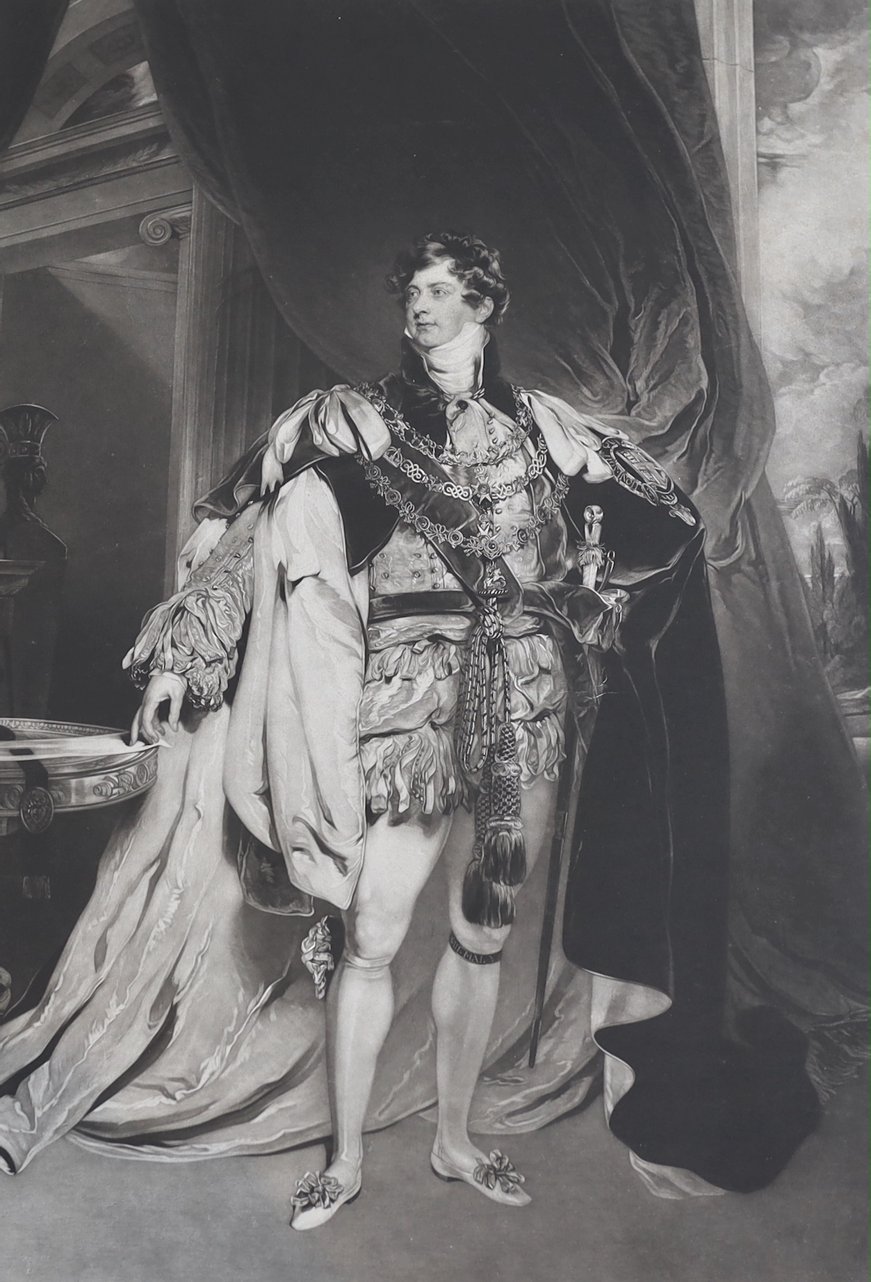 Thomas Hodgetts after Sir Thomas Lawrence P.R.A., mezzotint, 'The Prince Regent, later George IV', published by Colnaghi 1829, visible sheet 64.5 x 45cm